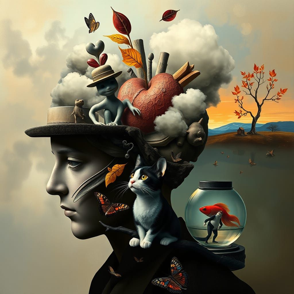 Surrealist Dreamscape with Ceramic Frogs in Hats and Brain F...