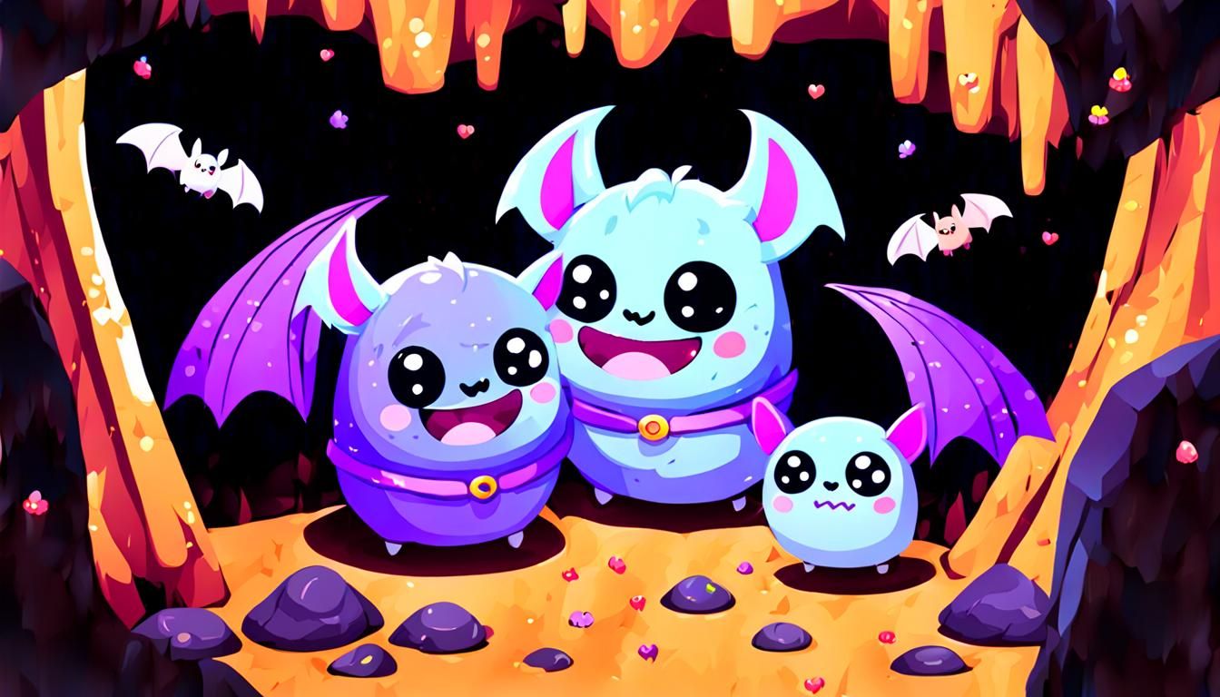 Kawaii Bats in a Cave Illustration