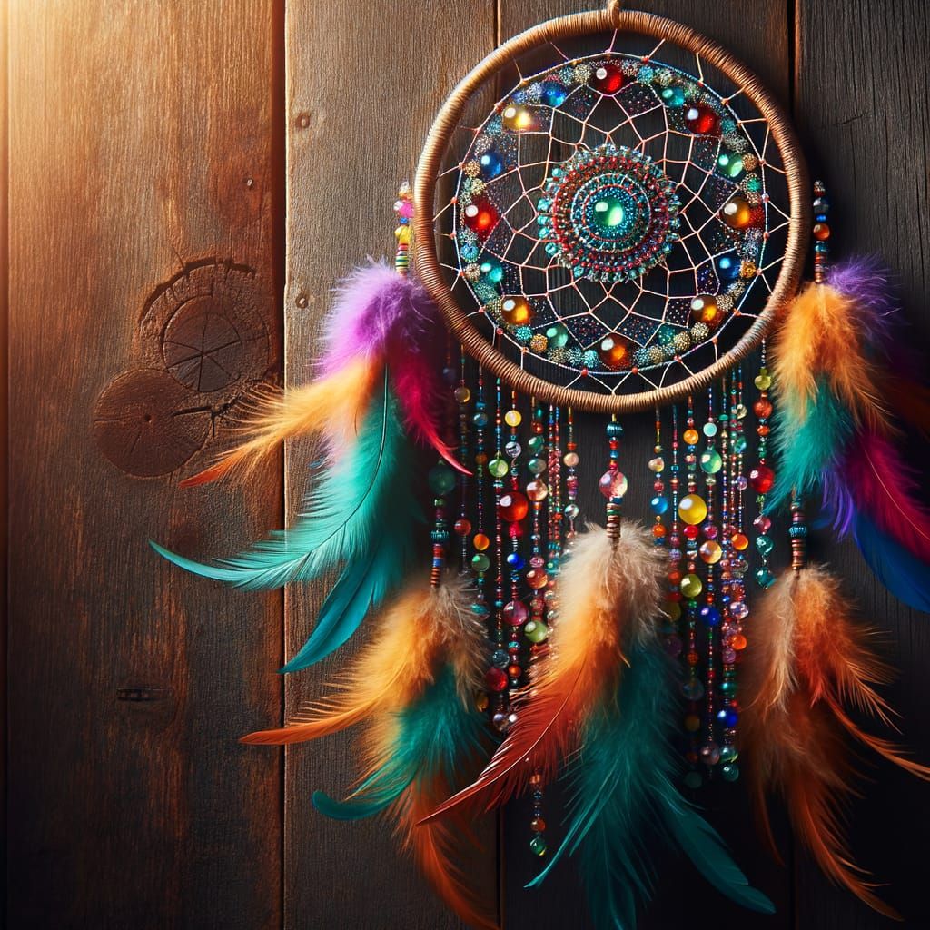 Colorful Beaded Dream Catcher with Feather Tendrils