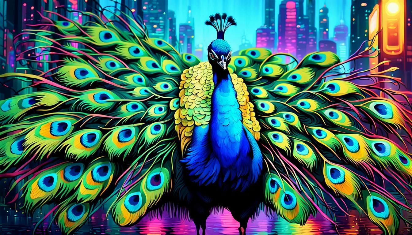 Cyberpunk Peacock in Vibrant Neon Spectacle