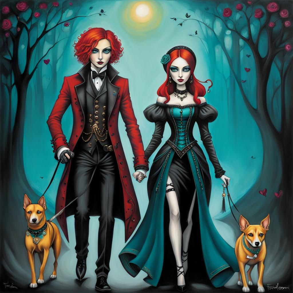 Whimsical Gothic Couple Walking Dogs in Mixed Media