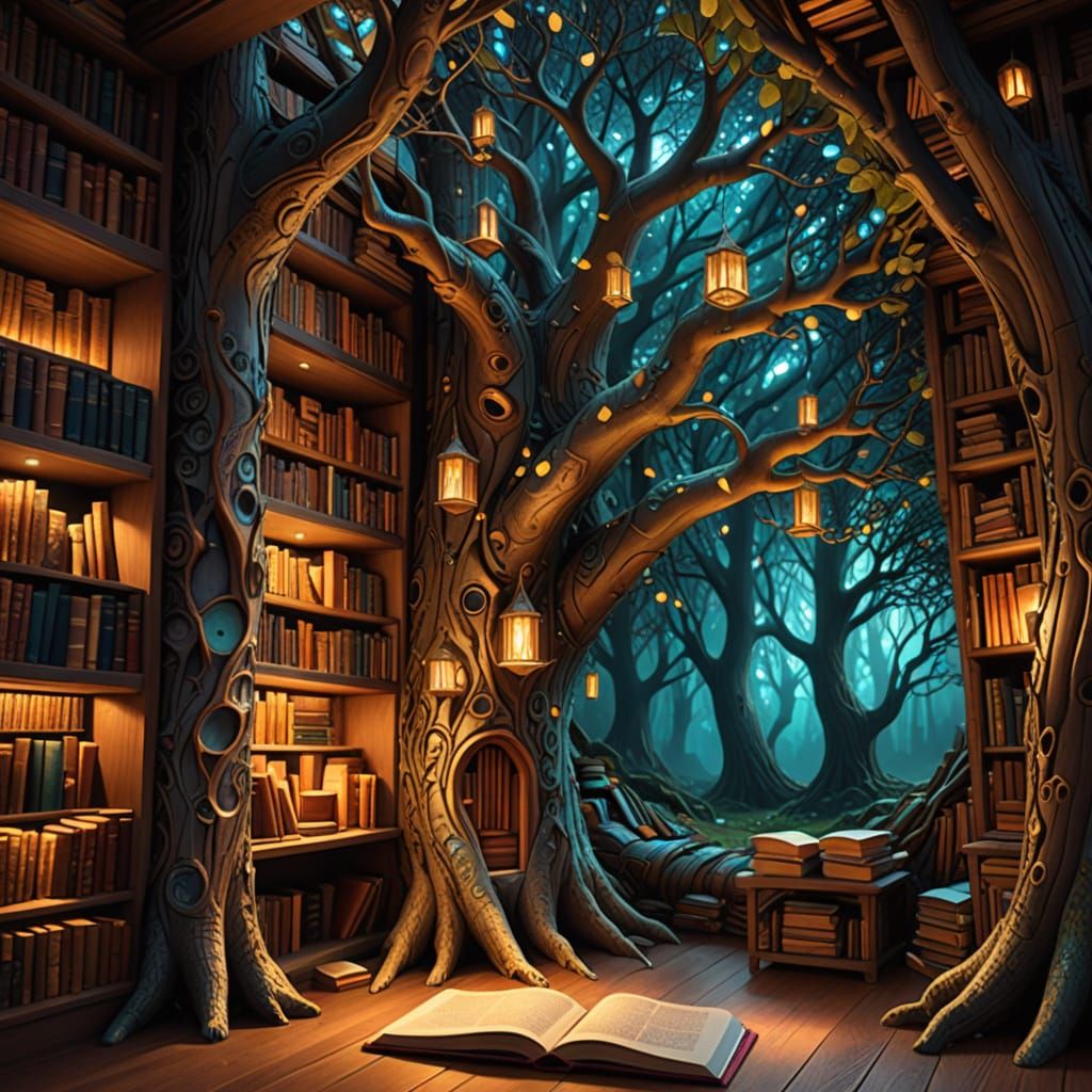 Mystical Library with Iridescent Books as Digital Art