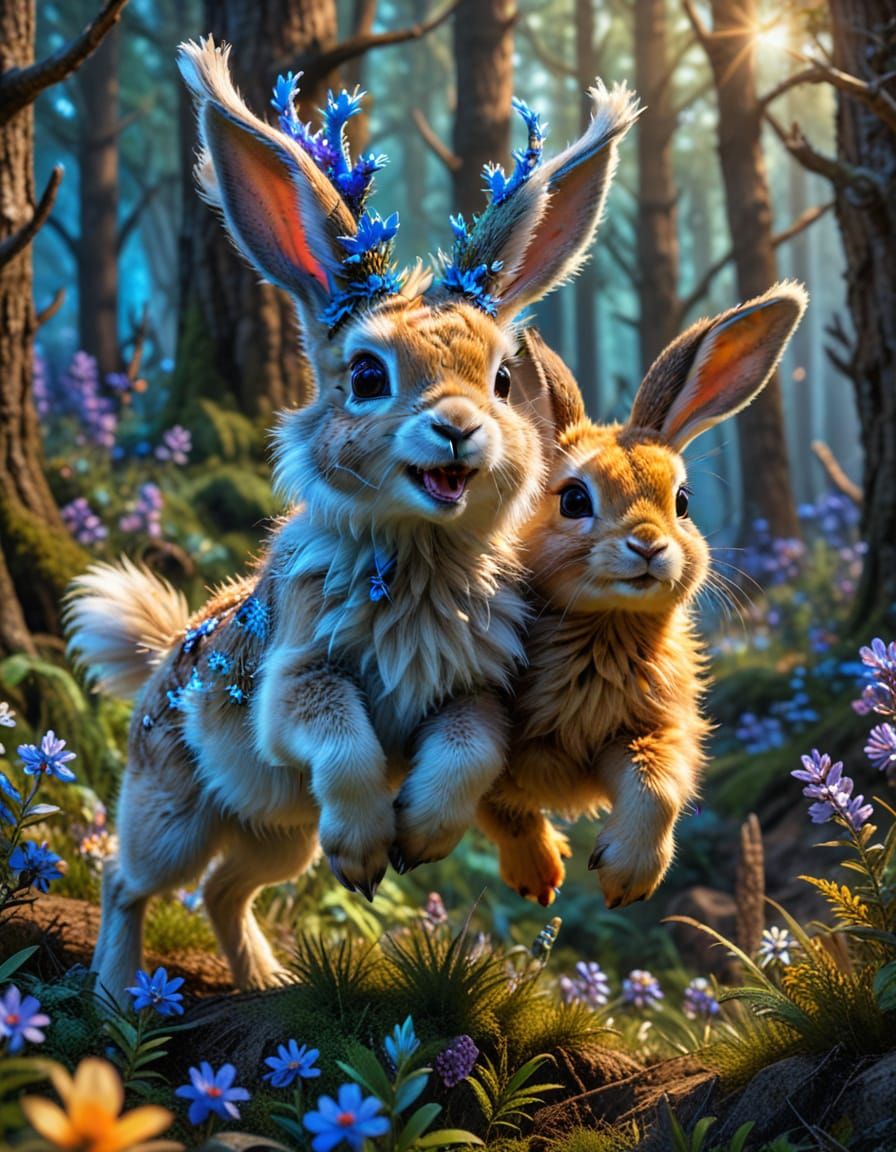 Cute Baby Xena & Jackalope in Magical Forest