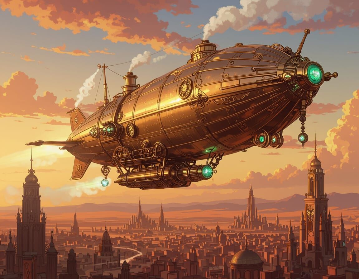 Steampunk Airship Soaring Above Desert City in Art Nouveau S...