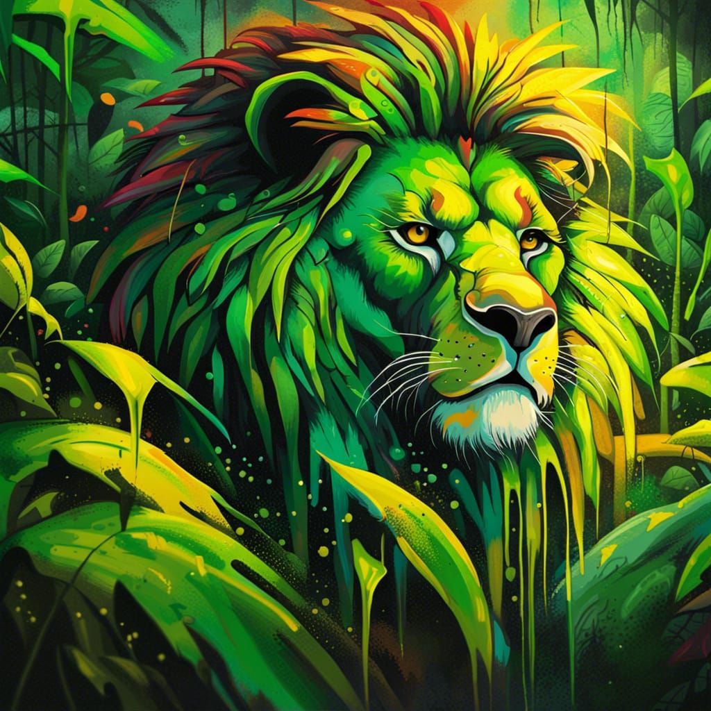 Green and Yellow Lion Graffiti Art in Jungle