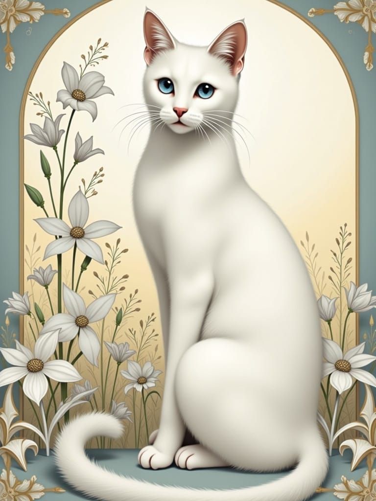Stylized Art Nouveau White Cat in Egyptian Profile with Flor...