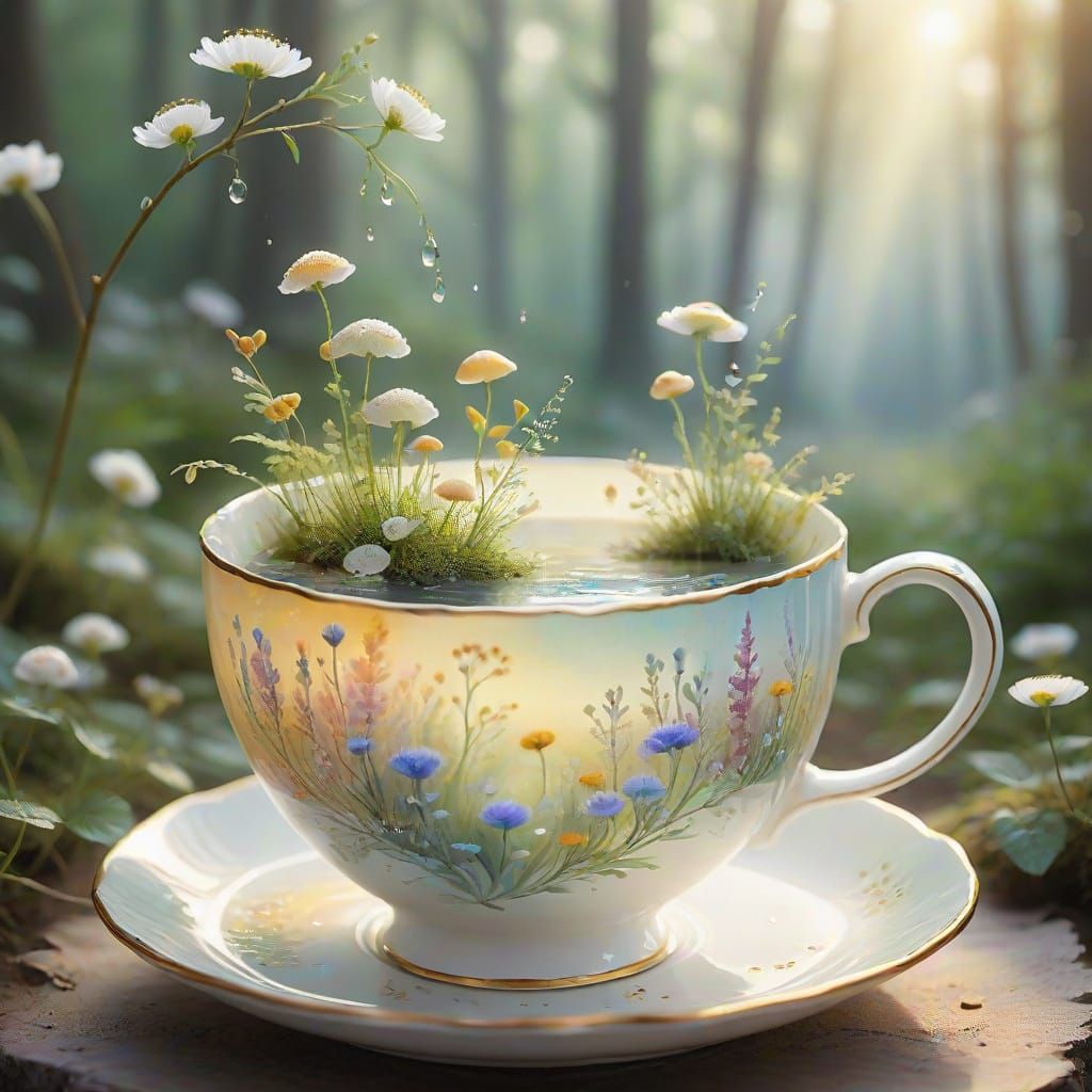Whimsical Watercolor Teacup Scene in Pastel Colors