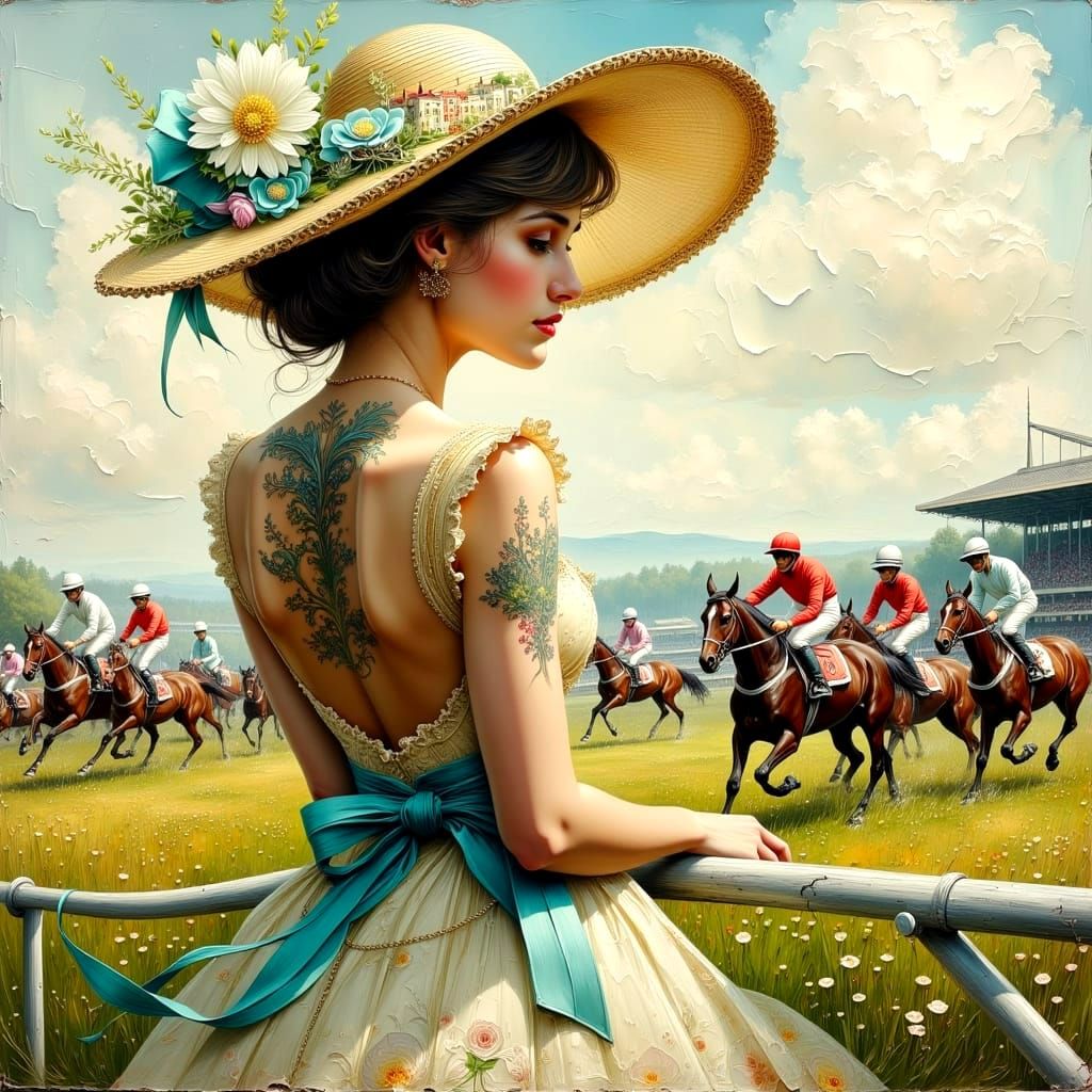Lady with Village Hat at the Races: Impasto Painting