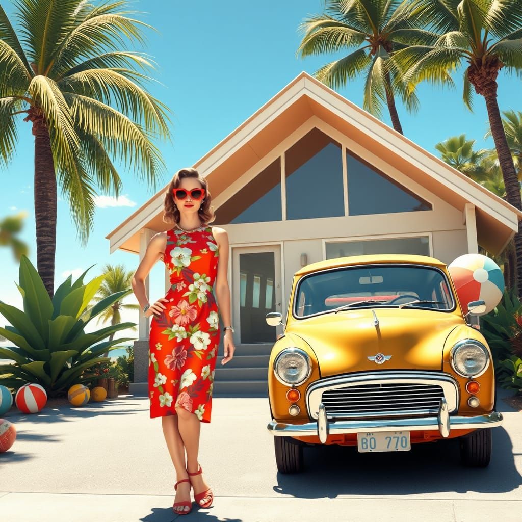 Retro-Futuristic Beachside Oasis in 1950s Style