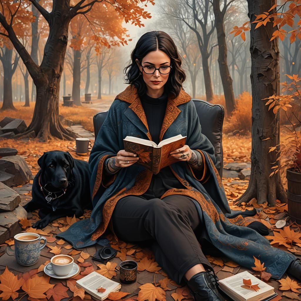 Woman Reading with Dog: Fantasy Concept Art