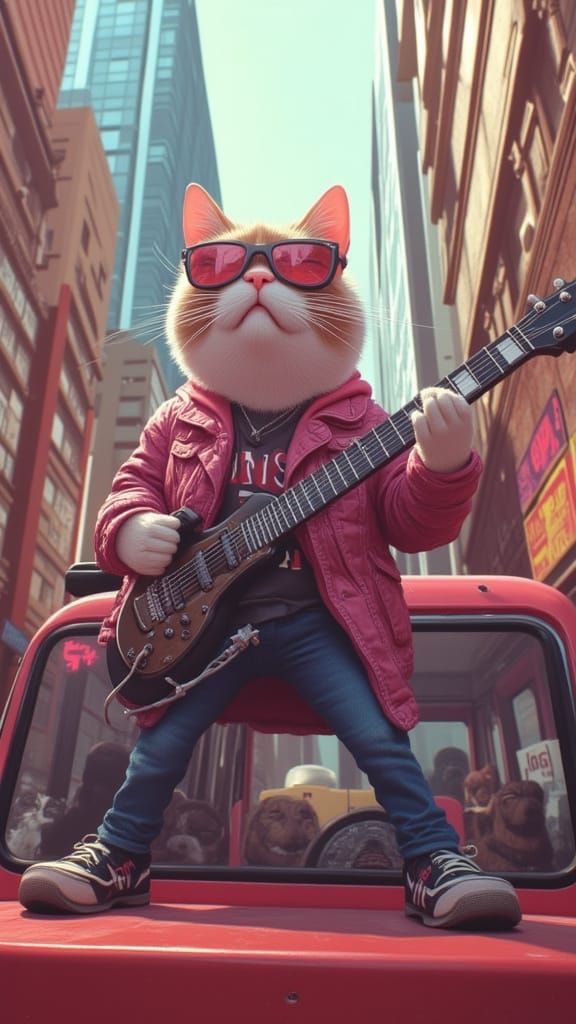 Cat Guitarist on Bus in Vibrant Cityscape