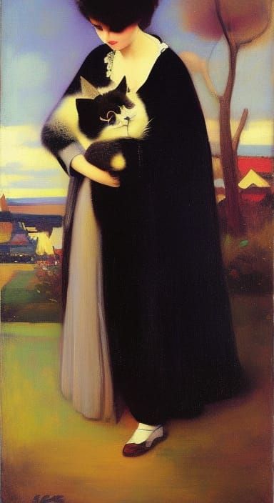 Woman Hugging Cat in Vaporwave Style