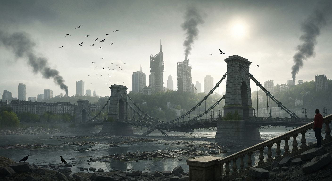 Post-Apocalyptic Survivor Gazes at Ruined City and Bridge