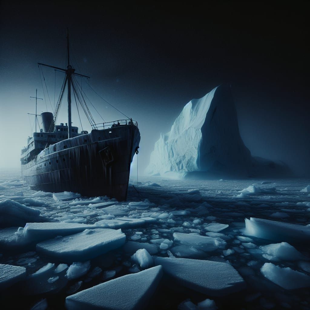 Frozen Shipwreck in Arctic Ice Under Dramatic Lighting