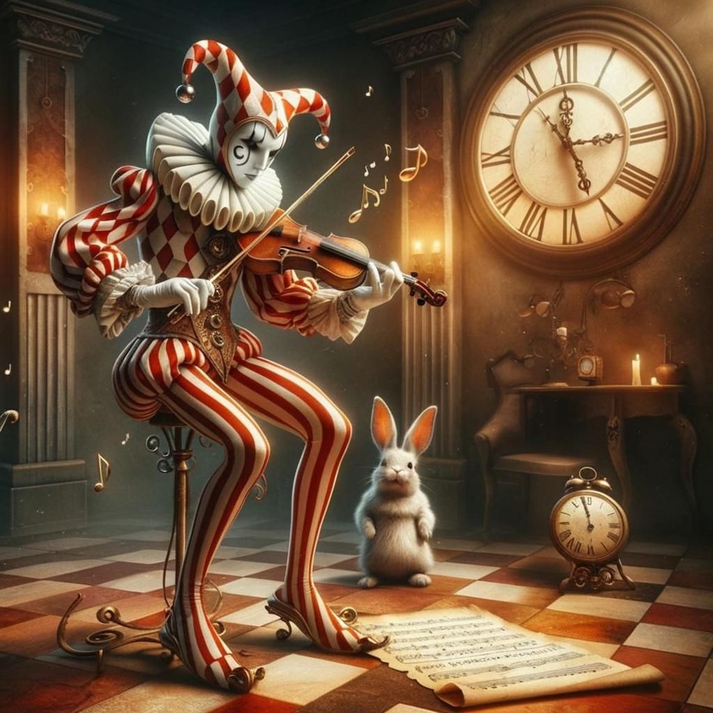 Whimsical Circus Scene with Harlequin Violinist