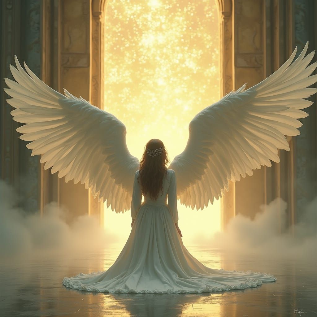 Ethereal Angel Before Golden Gates of Heaven