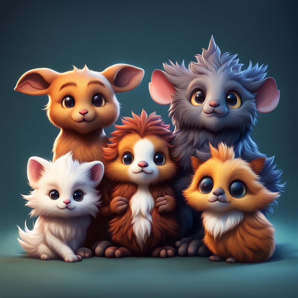 Five Cute Animals Snuggled Together in Digital Art