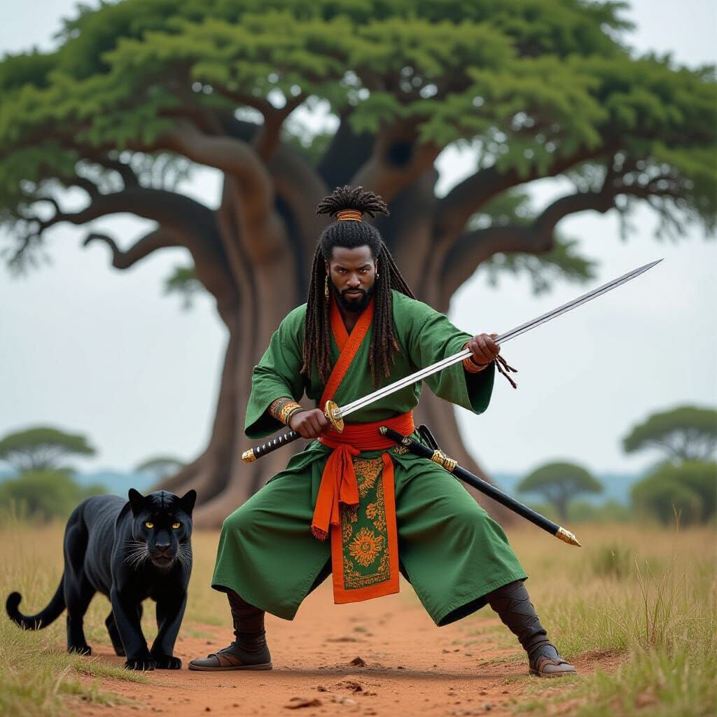 African Samurai Warrior with Panther and Spear, Kung-Fu Stan...