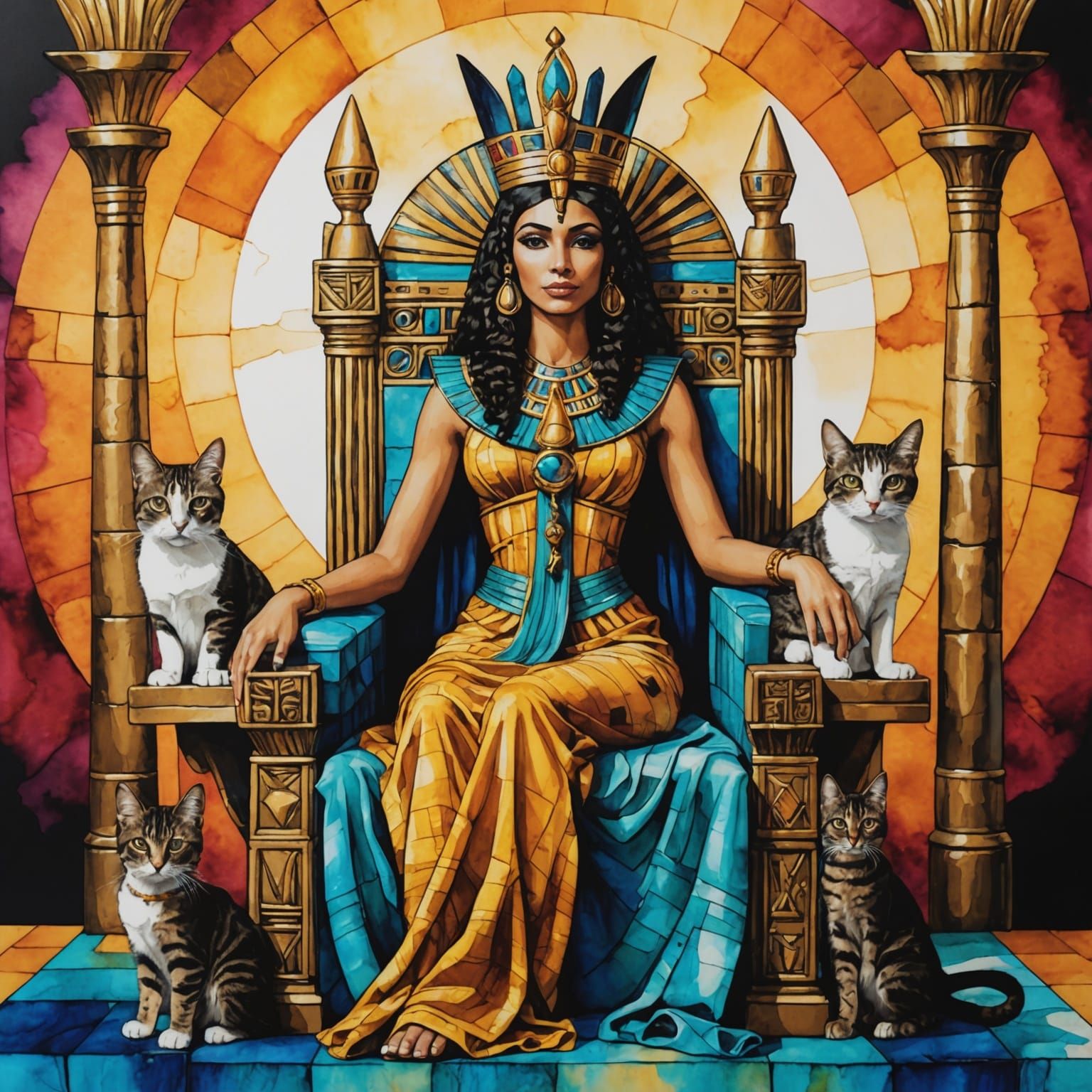 Egyptian Queen with Cat, in Alcohol Ink Style