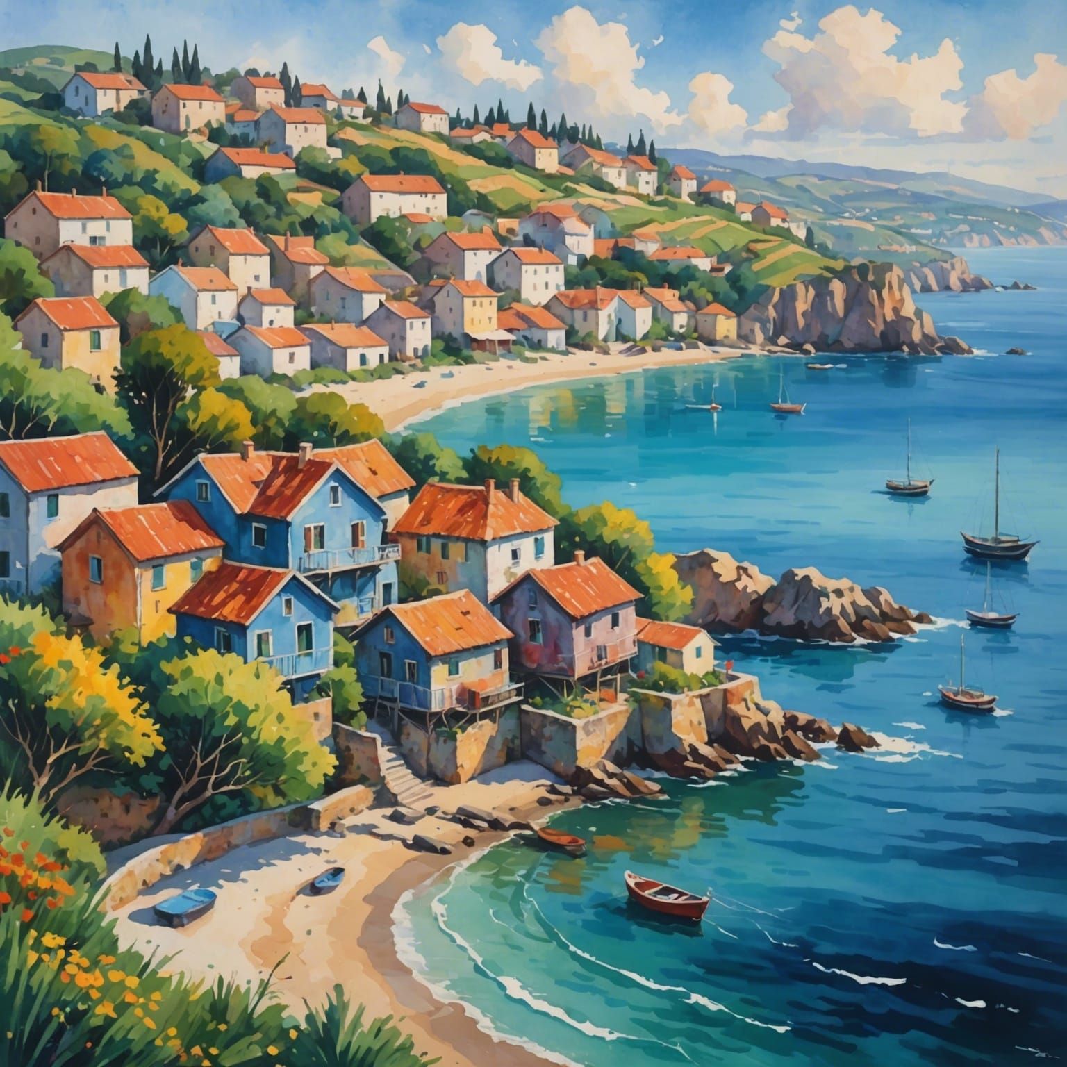 Seaside Village in Impressionist Gouache Style