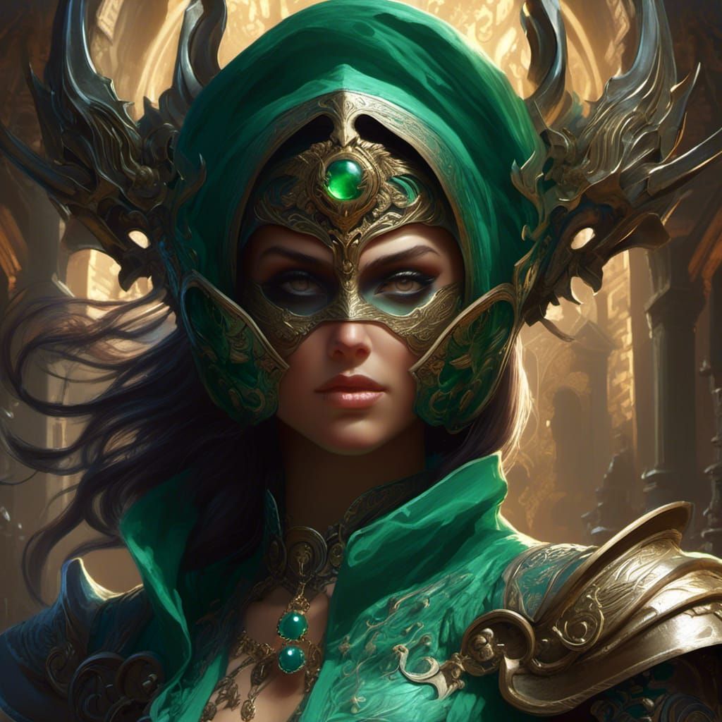 Jade Sorceress in Emerald Cave: Digital Art