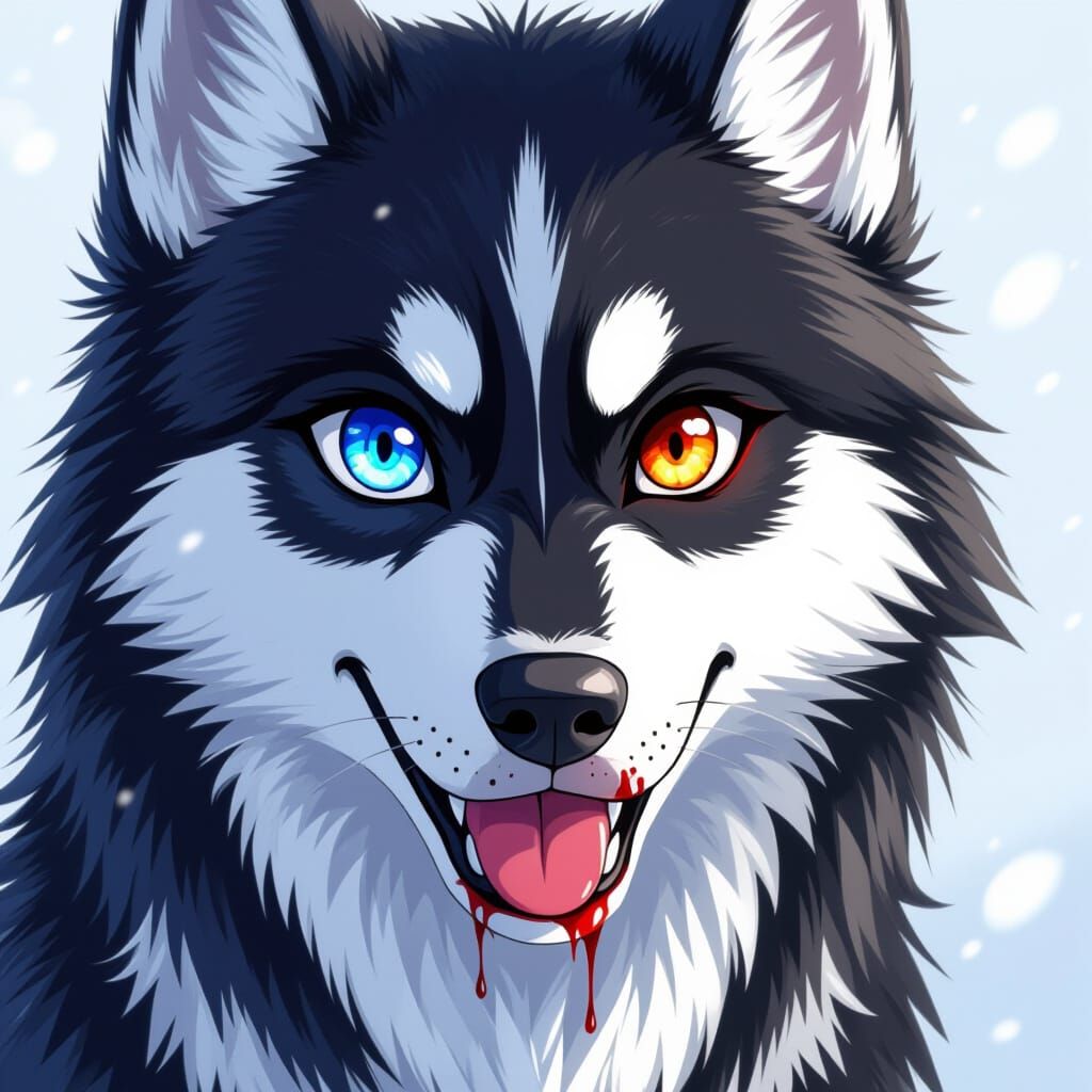 Anime Black Husky with Heterochromia and Blood