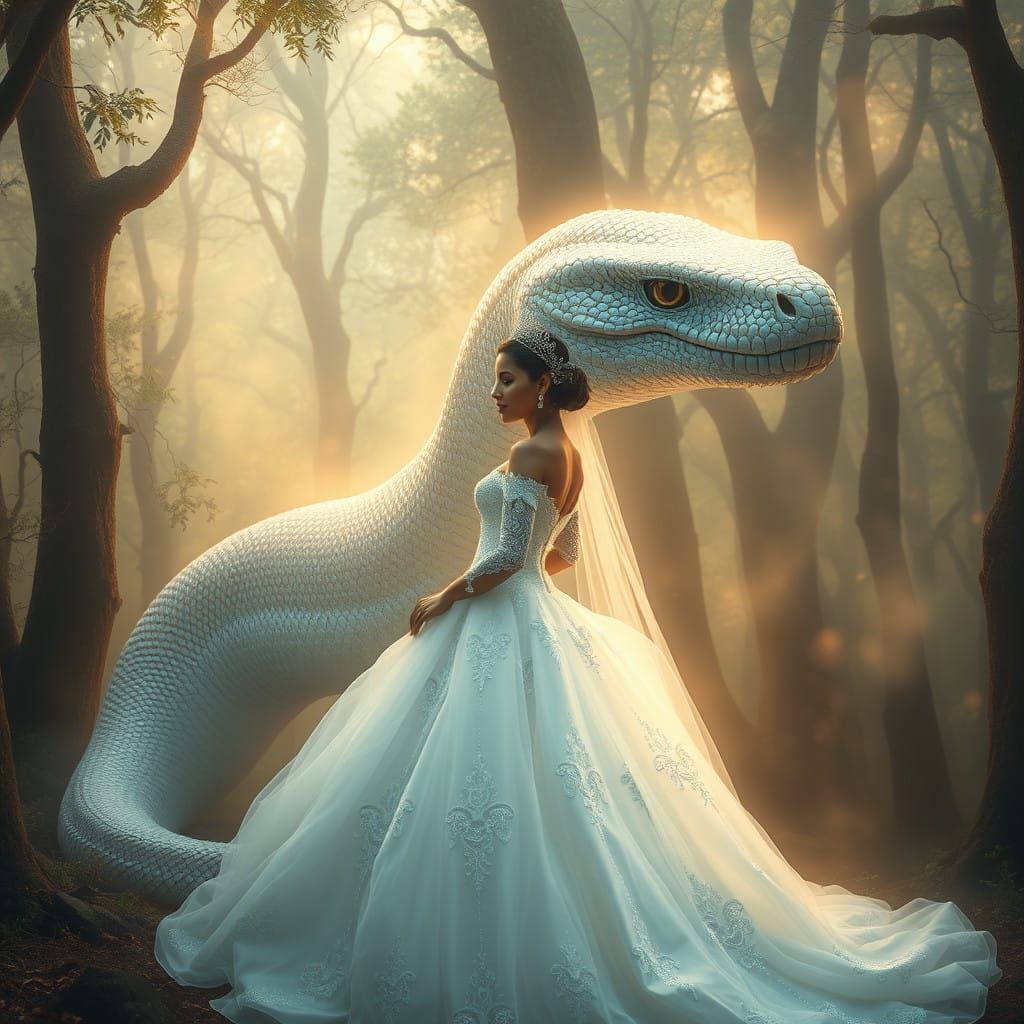 Ethereal Wedding Scene of Human and Titanoboa in Mystical Fo...