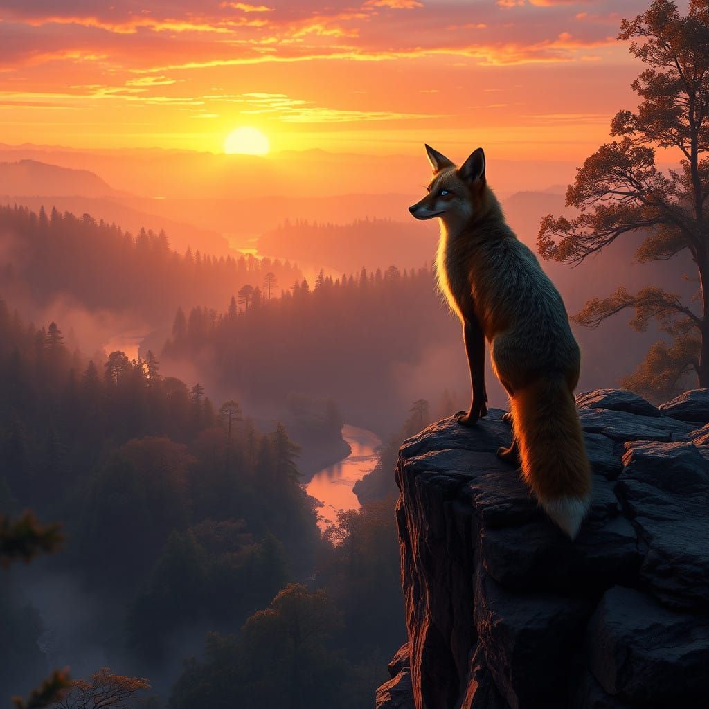 Sleek Fox on Cliff's Edge, Sunset, Mystical Forest