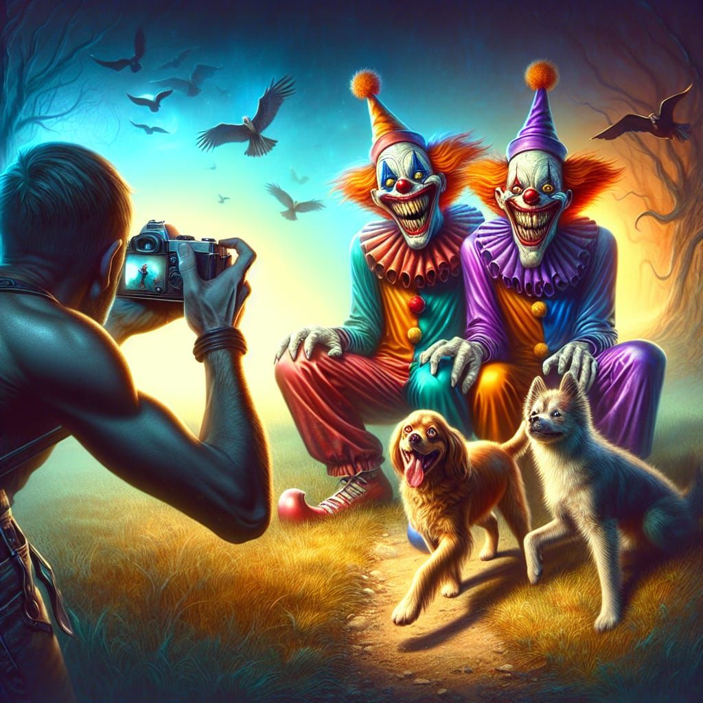 Clowns Photobombed by Dog in Fantasy Art Style