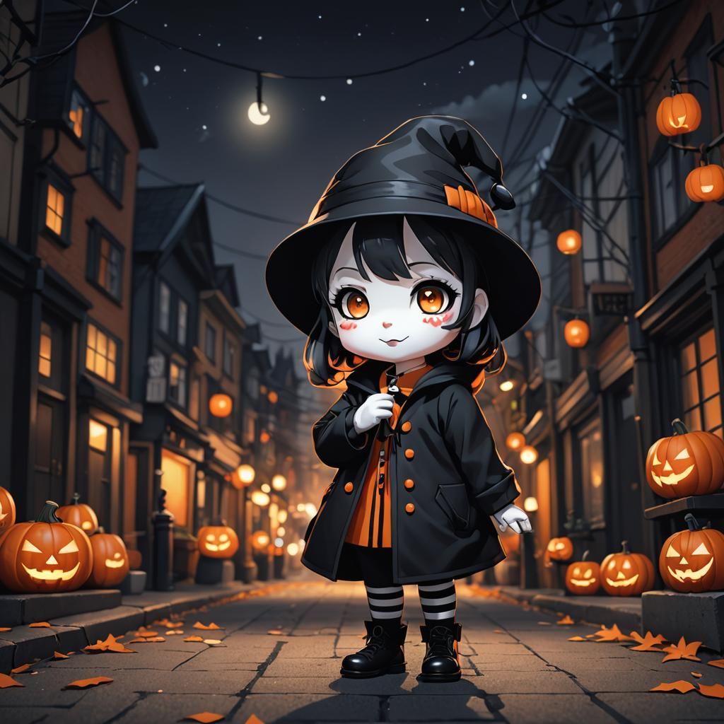 Chibi Mime Girl in Halloween Night Scene