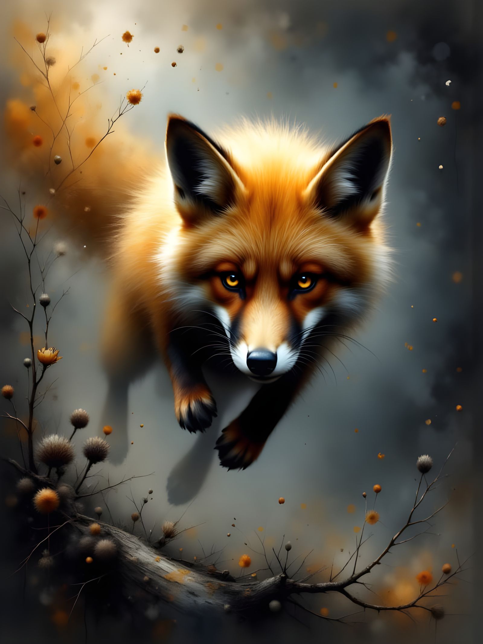 Dynamic Fox Mid-Pounce in Charcoal and Gold