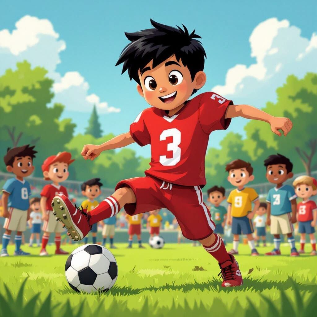 Boy Kicking Football in Cartoon Style