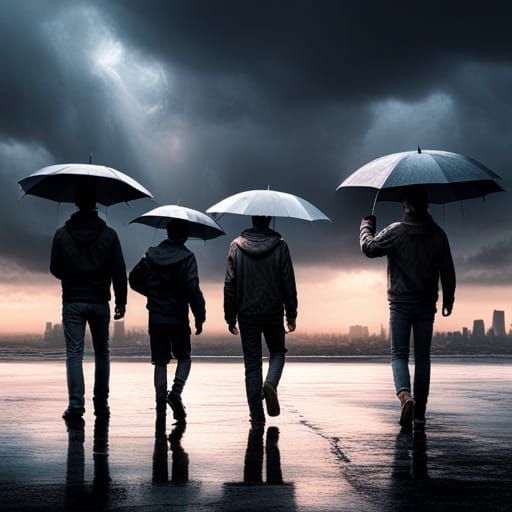 Dramatic Rain Scene with Four Teenage Boys