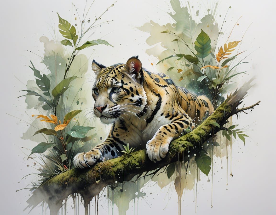 Clouded Leopard in Rainforest, Hyperrealistic Style