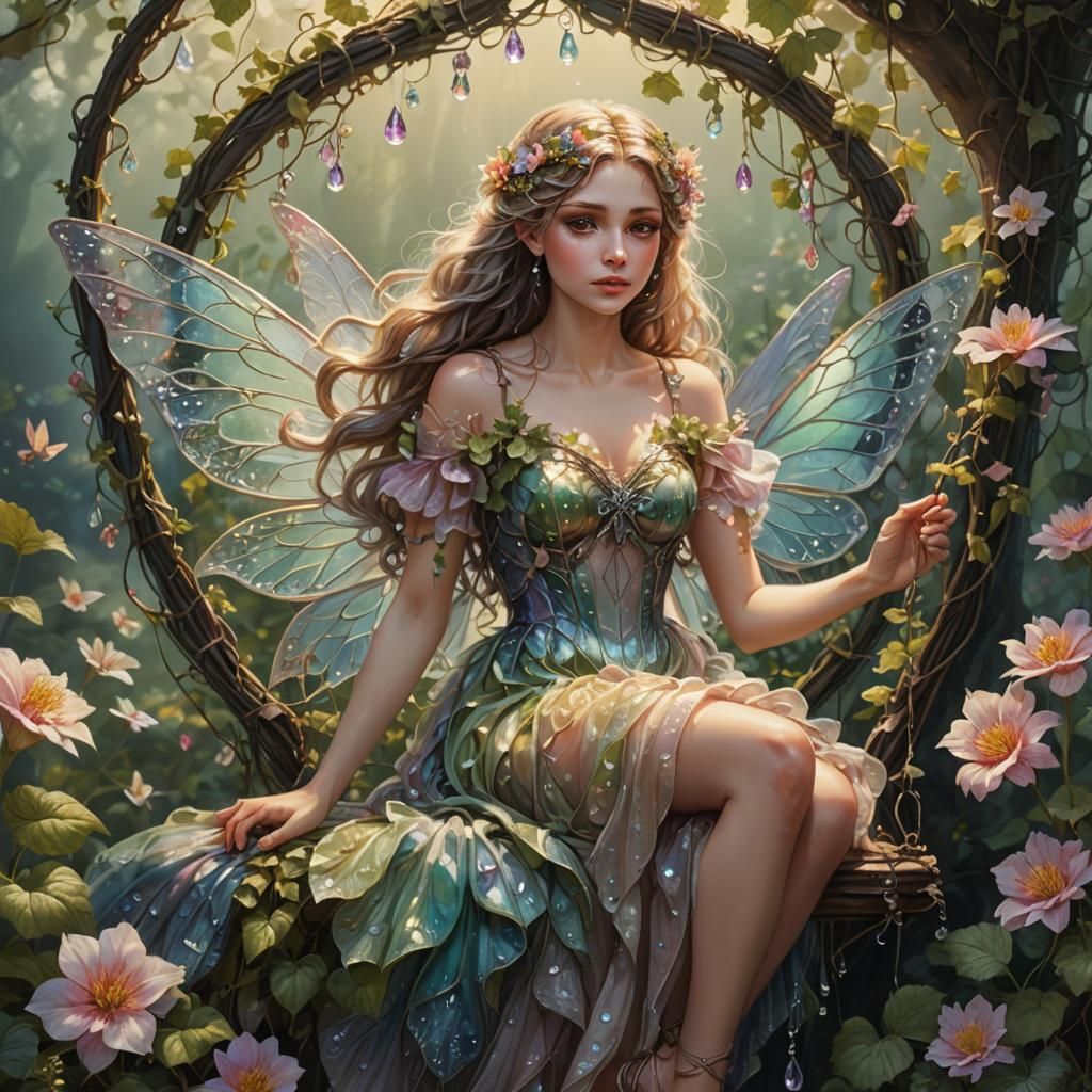 Fairy on Flower Swing with Dewdrop Wings