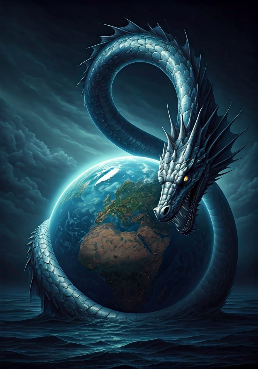 Colossal Steel-Blue Sea Serpent Encircling Earth