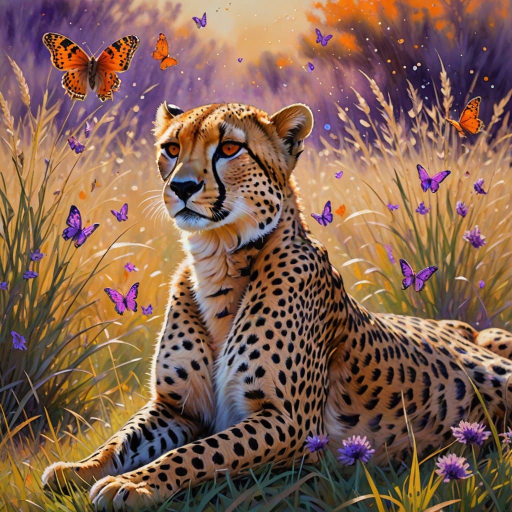 Cheetah and Butterfly in Golden Savannah, Impressionist Mast...