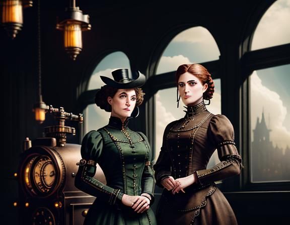 Steampunk Twins in Time Machine: Cinematic Digital Art