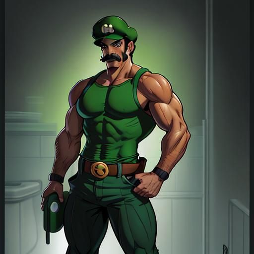 Muscular Luigi as Handsome Plumber in Comic Art