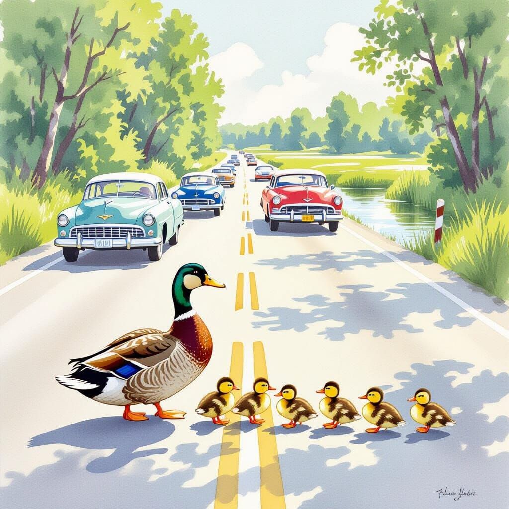 Duck Family Crossing Highway, Watercolor Illustration