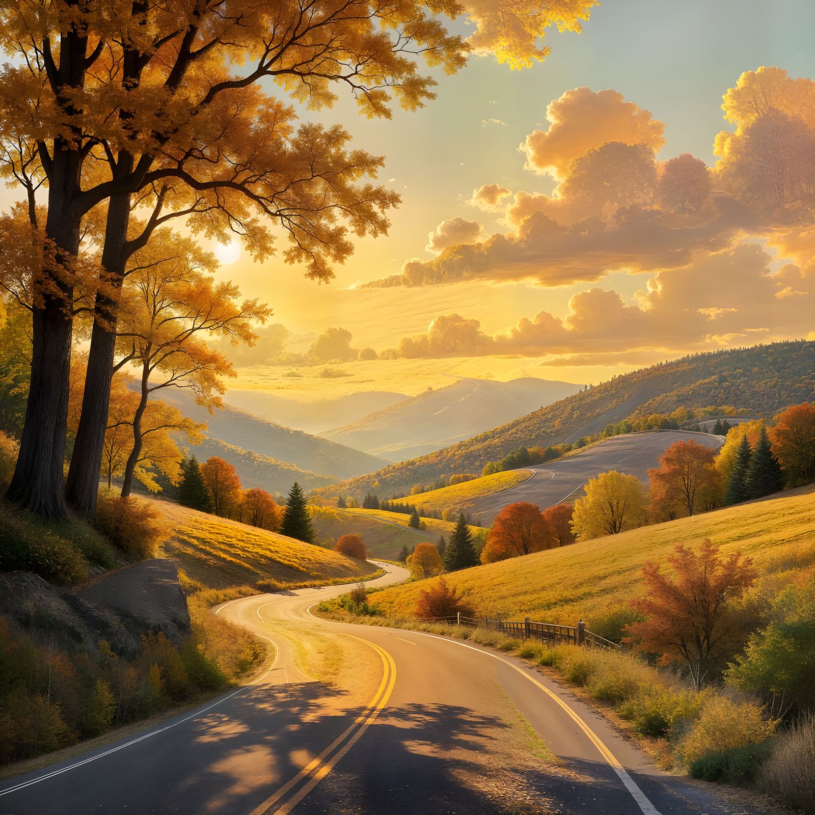 Scenic Autumn Road with Golden Sunlight and Clouds