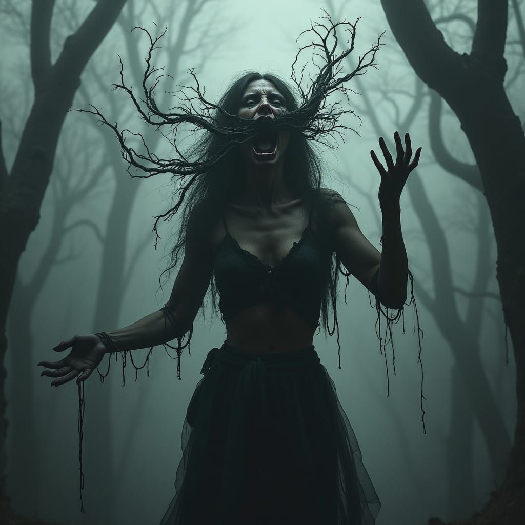 Tormented Gothic Woman in Dark Forest
