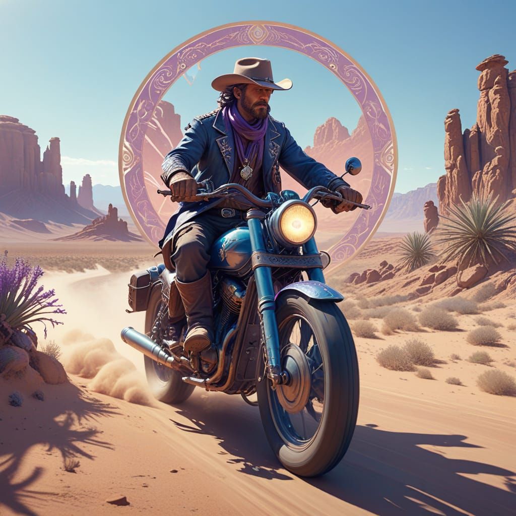 Cowboy Rides Motorcycle: Art Nouveau Concept Art