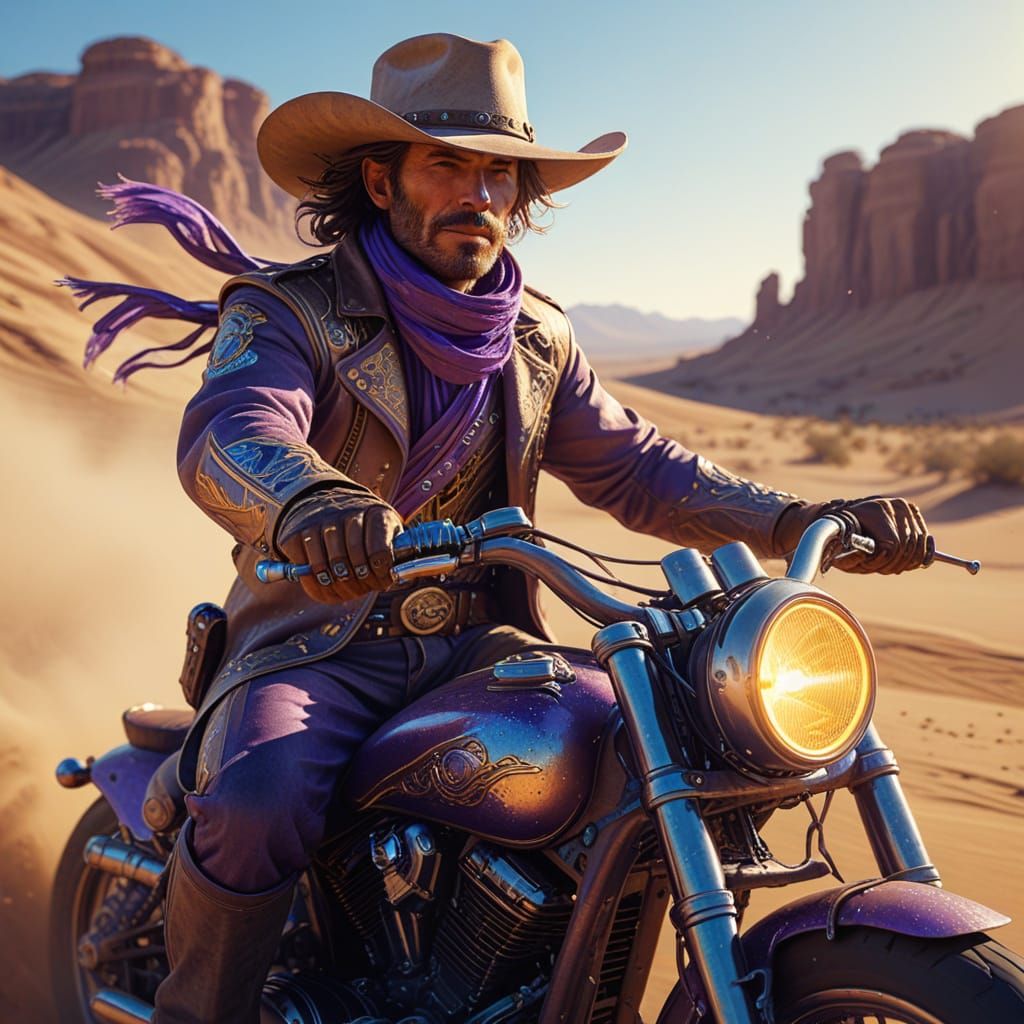 Cowboy Rides Motorcycle Through Desert in Art Nouveau Style