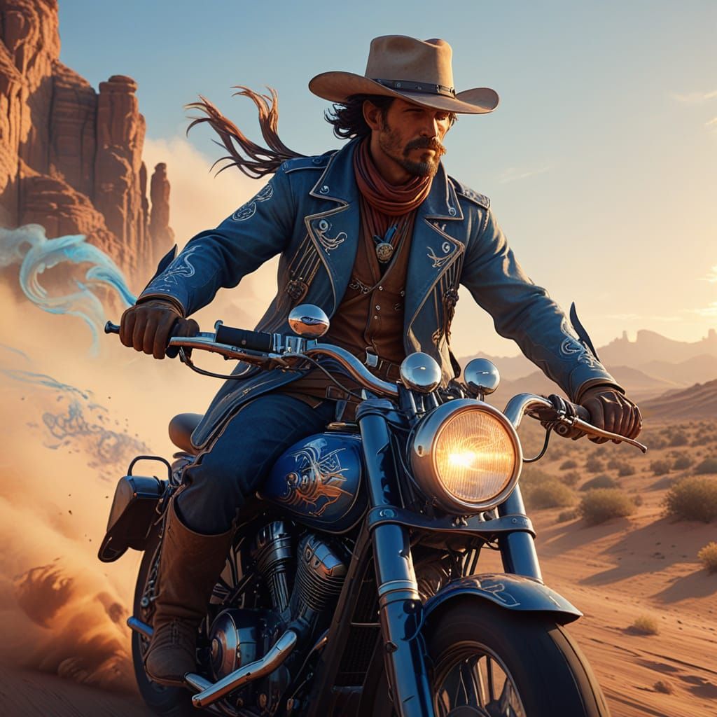 Cowboy Rides Motorcycle Through Desert in Art Nouveau Style