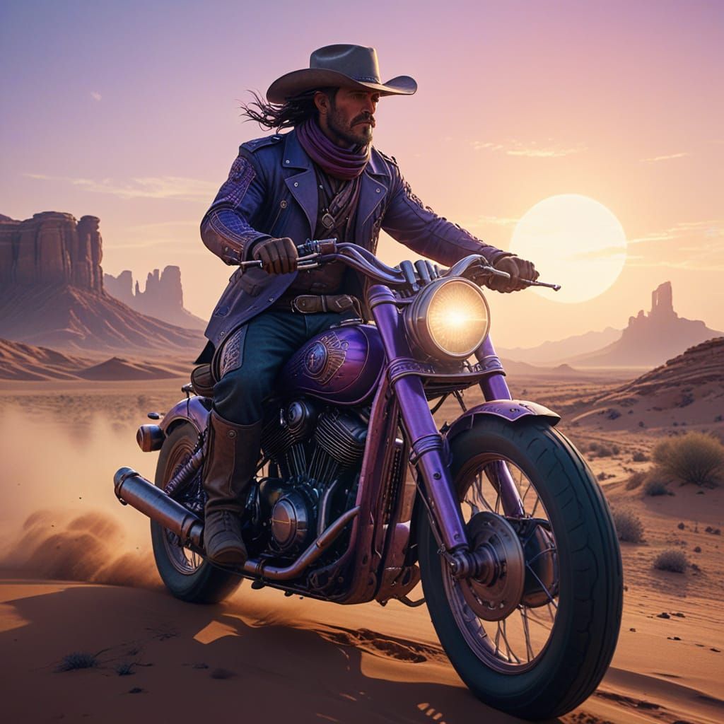 Cowboy Rides Motorcycle in Desert, Art Nouveau Style