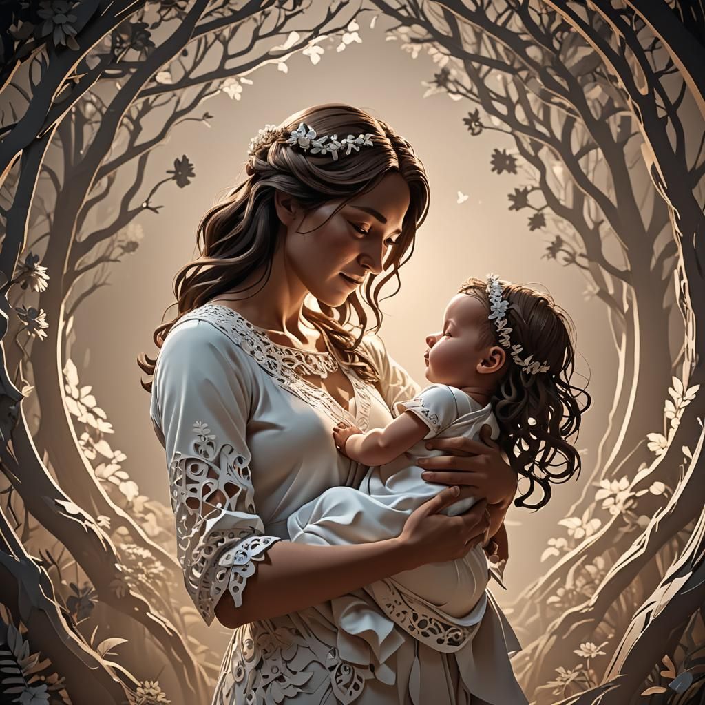 Mother and Child: Papercut Style, Heavenly Background