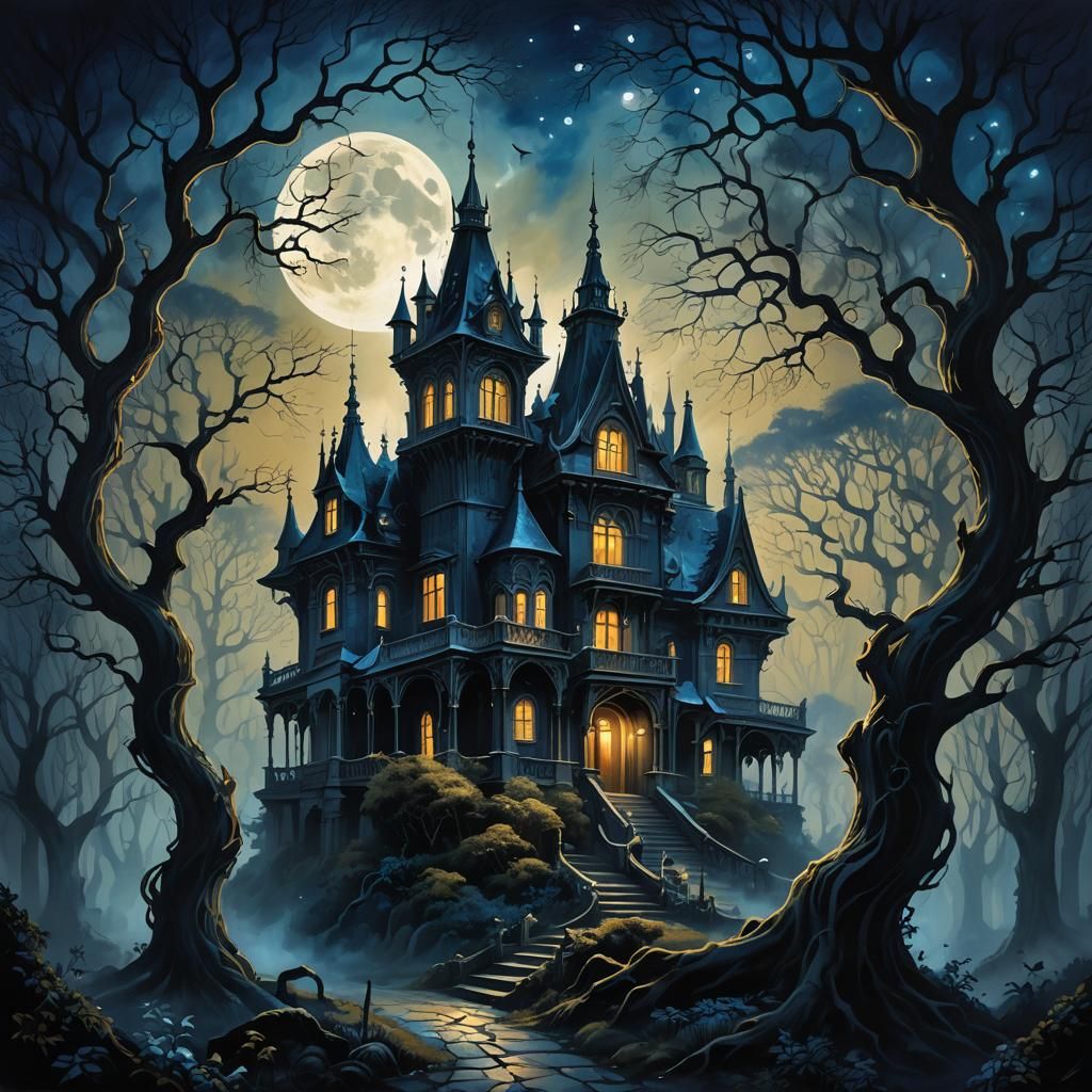 Gothic Mansion in Mystical Forest, Zaffre Hues