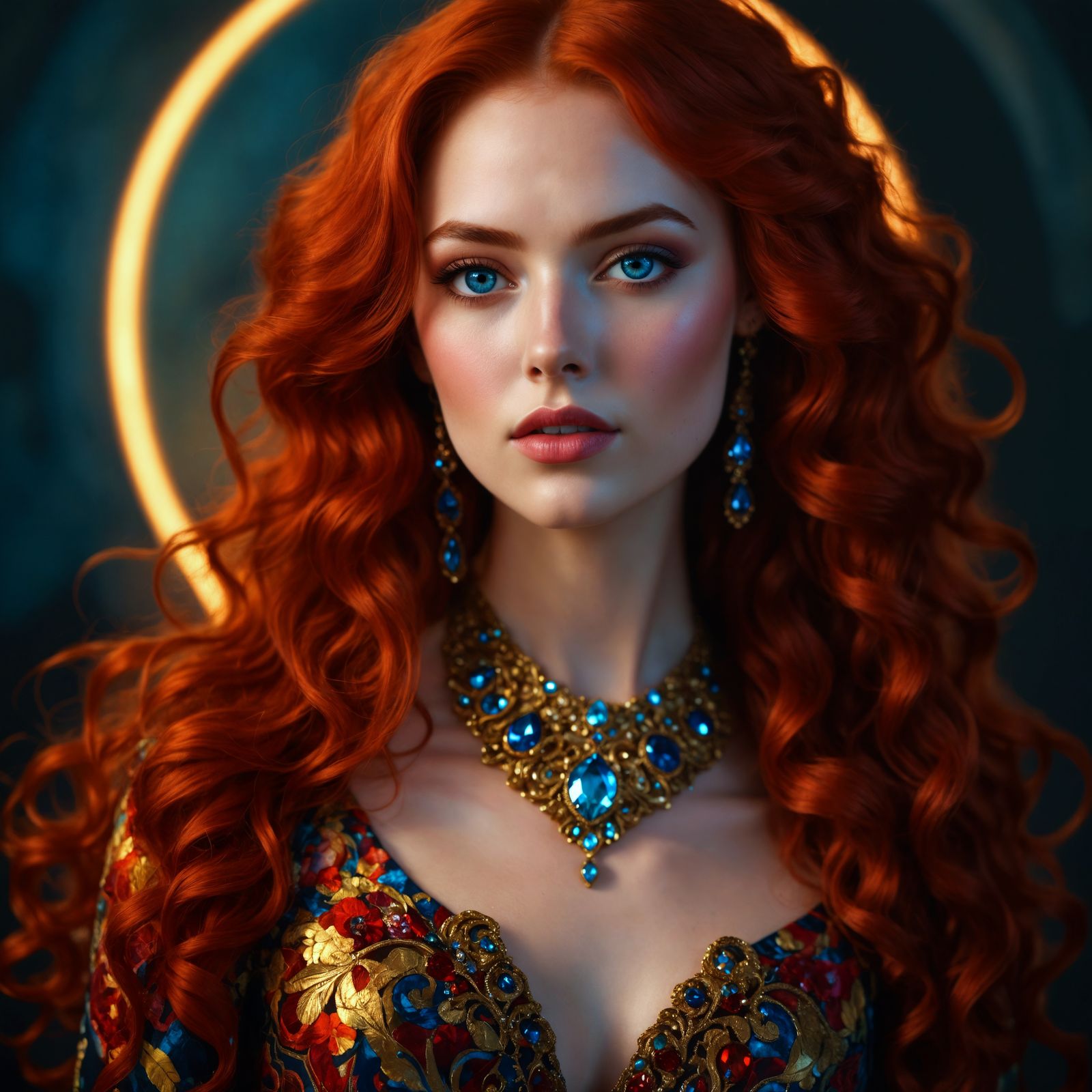 Vibrant Portrait of Woman in Brocade Gown, Art Nouveau Style