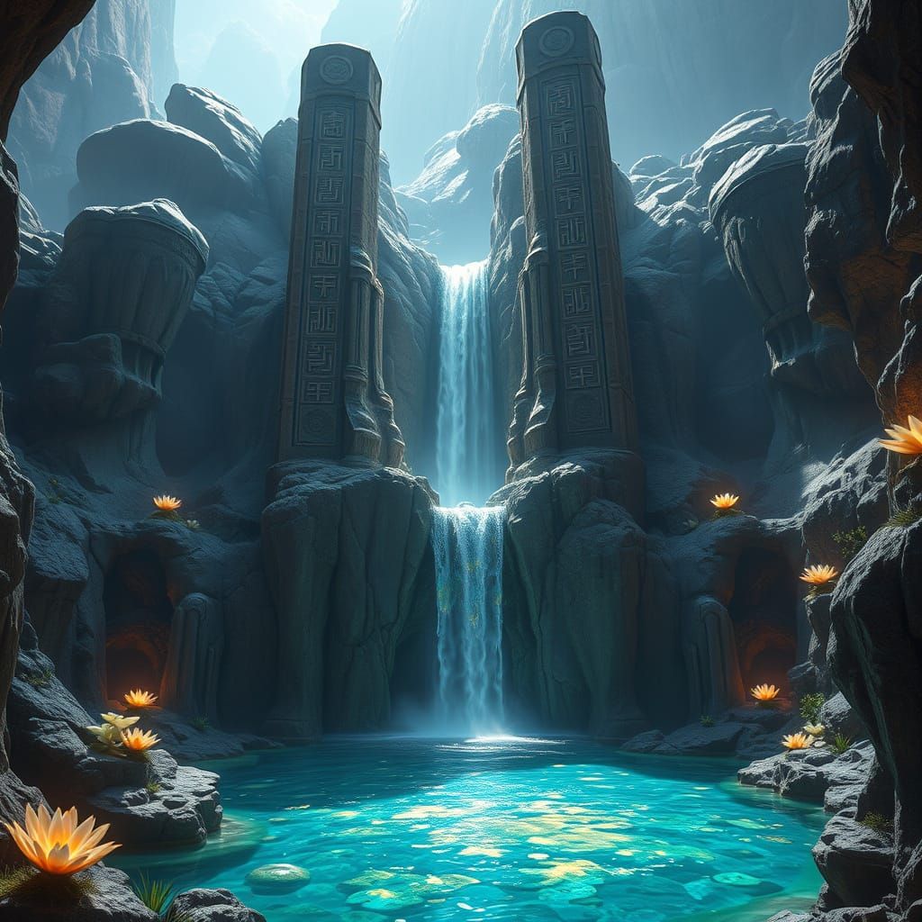 Alien Oasis: Crystalline Waterfall in Art Nouveau Style